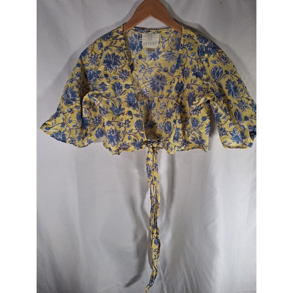Beyond Haute Tops - Beyond Haute Yellow Blue Floral Print Tie Front Cropped‎ Blouse Top Women's Sz S
